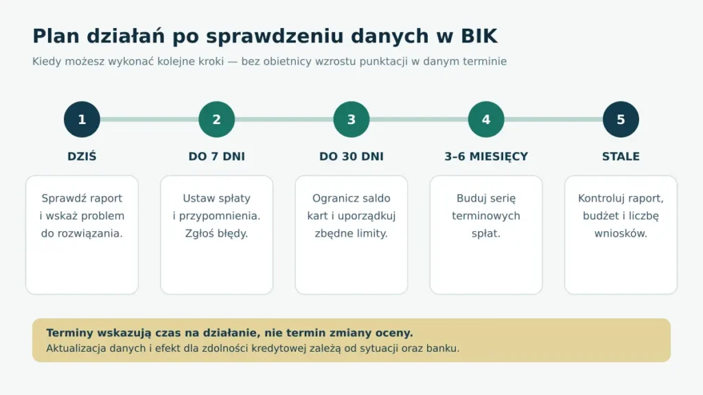 Plan działań po sprawdzeniu danych w BIK Plan sprawdzenia danych BIK, uporządkowania spłat i limitów oraz dalszego monitorowania historii