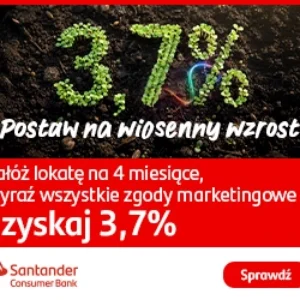Lokata Online Nowe Środki Santander Consumer Bank – bez konta 3,7% zysku na 4 miesiące