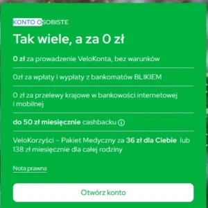 VeloKonto darmowe konto osobiste za 0zł z cashback i promocjami w VeloBank