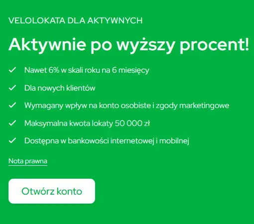 VeloLokata dla Aktywnych VeloBank - 6% na 6 miesięcy 1 VeloLokata dla Aktywnych VeloBank - 6 procent w skali roku na 6 miesięcy, lokata bankowa do 50 000 zł